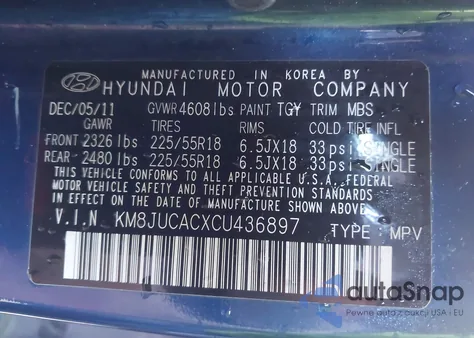 2012 Hyundai Tucson Limited from USA, damaged, VIN KM8JUCACXCU436897